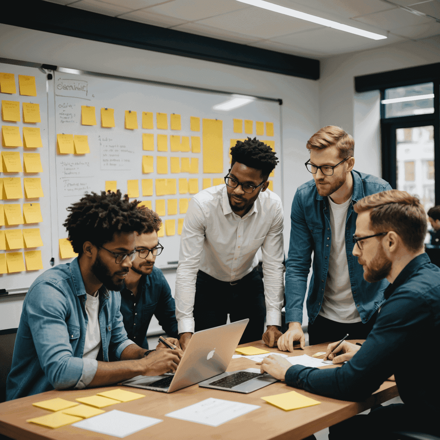 A diverse team of software developers collaborating around a table, using sticky notes and whiteboards to plan and track their Agile development process