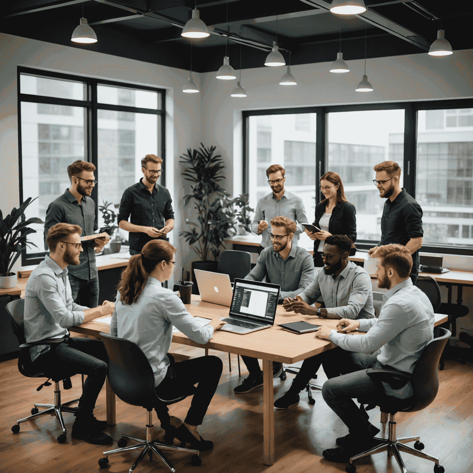 A team of software developers collaborating on a project, using Agile and Scrum methodologies to ensure efficient development and high-quality results.